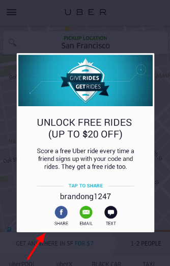 Uber referral mobile pop up